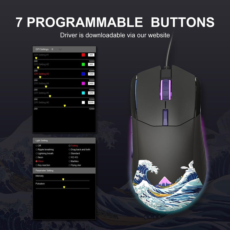 COSTOM Womier G705 USB Wired Gaming Mouse for PC Computer Windows Mac Laptop, Lightweight Silent RGB Backlit Mouse with Adjustable 12000DPI/7 Programmable Side Buttons,Black Kanagawa Theme - Image 4